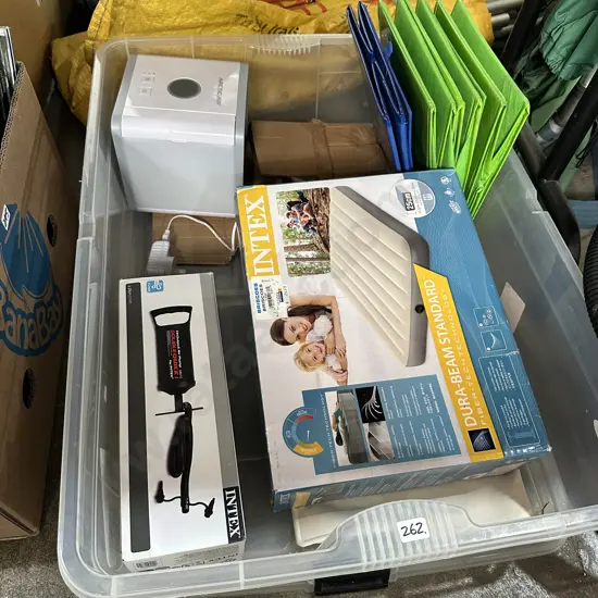 Bin with air bed and pump, air filter and soaps etc.