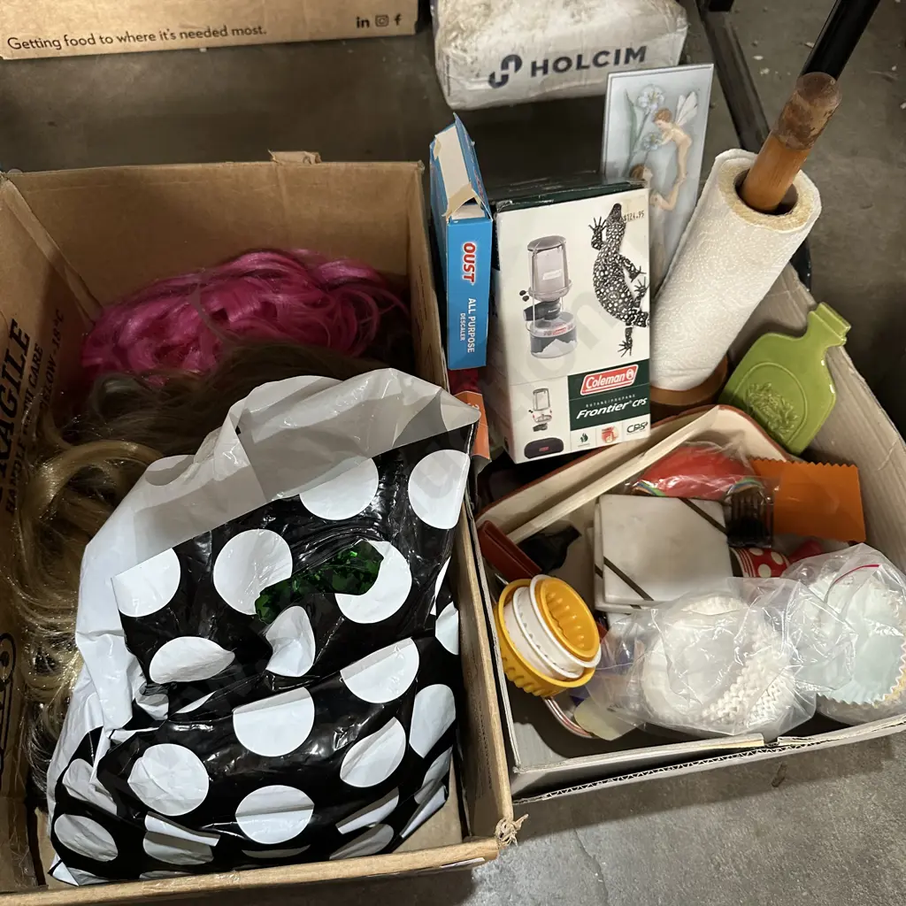 Two boxes wigs, camping gas lantern etc. Image 1++