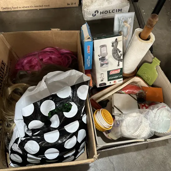 Two boxes wigs, camping gas lantern etc.