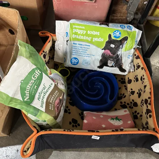 Dog bed and accessories.