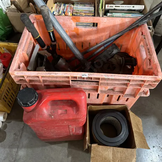 Large bin, petrol can, truck strops and air filters etc.
