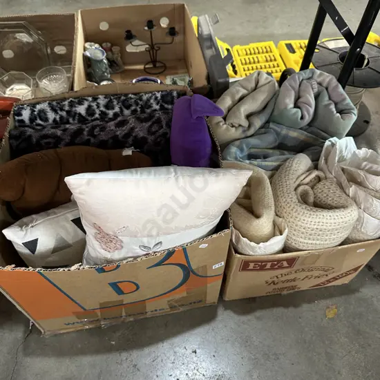 Two boxes cushions and blankets.