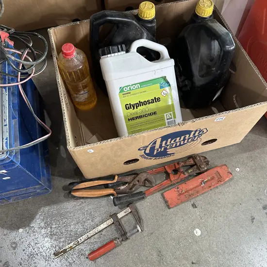Log splitter, oils and weed killer etc.