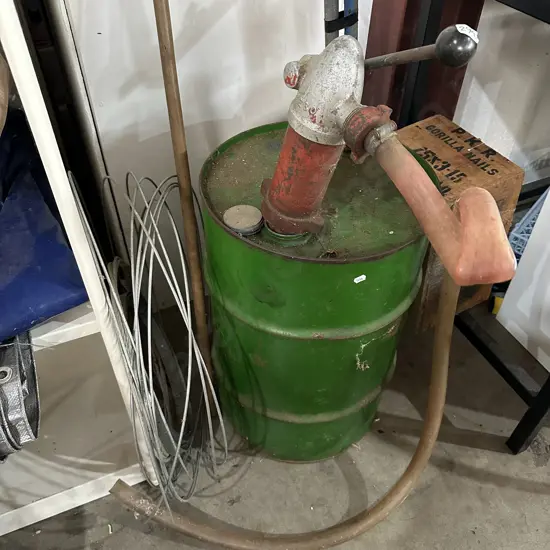 Empty drum and pump, plus nail box and wire etc.