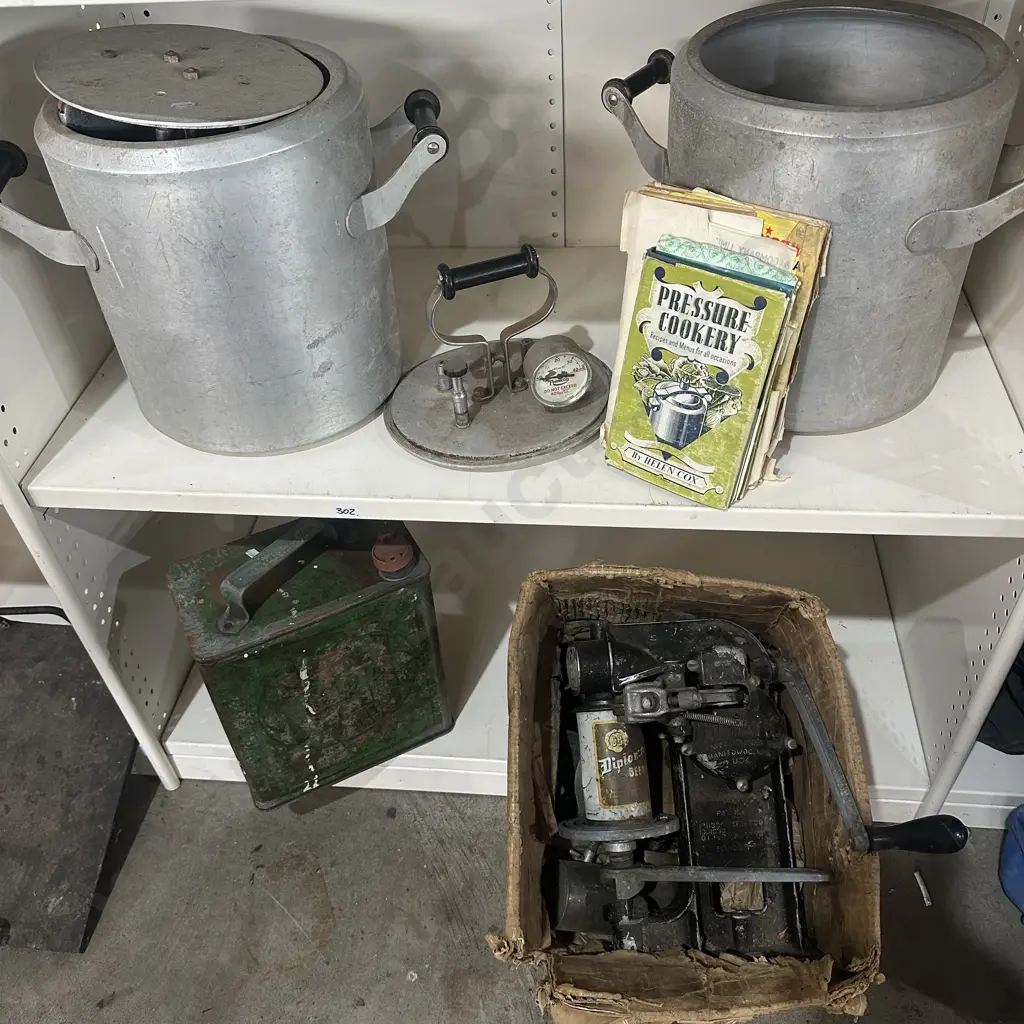 Shelf lot pressure cooker, petrol can, vintage automatic cast iron tin sealer. Image 1++