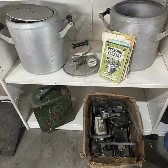 Shelf lot pressure cooker, petrol can, vintage automatic cast iron tin sealer.