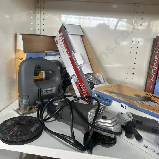 Boxed angle grinder, jig saw and multi-function tool.