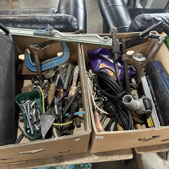 2 boxes tools, clamps, sockets, etc