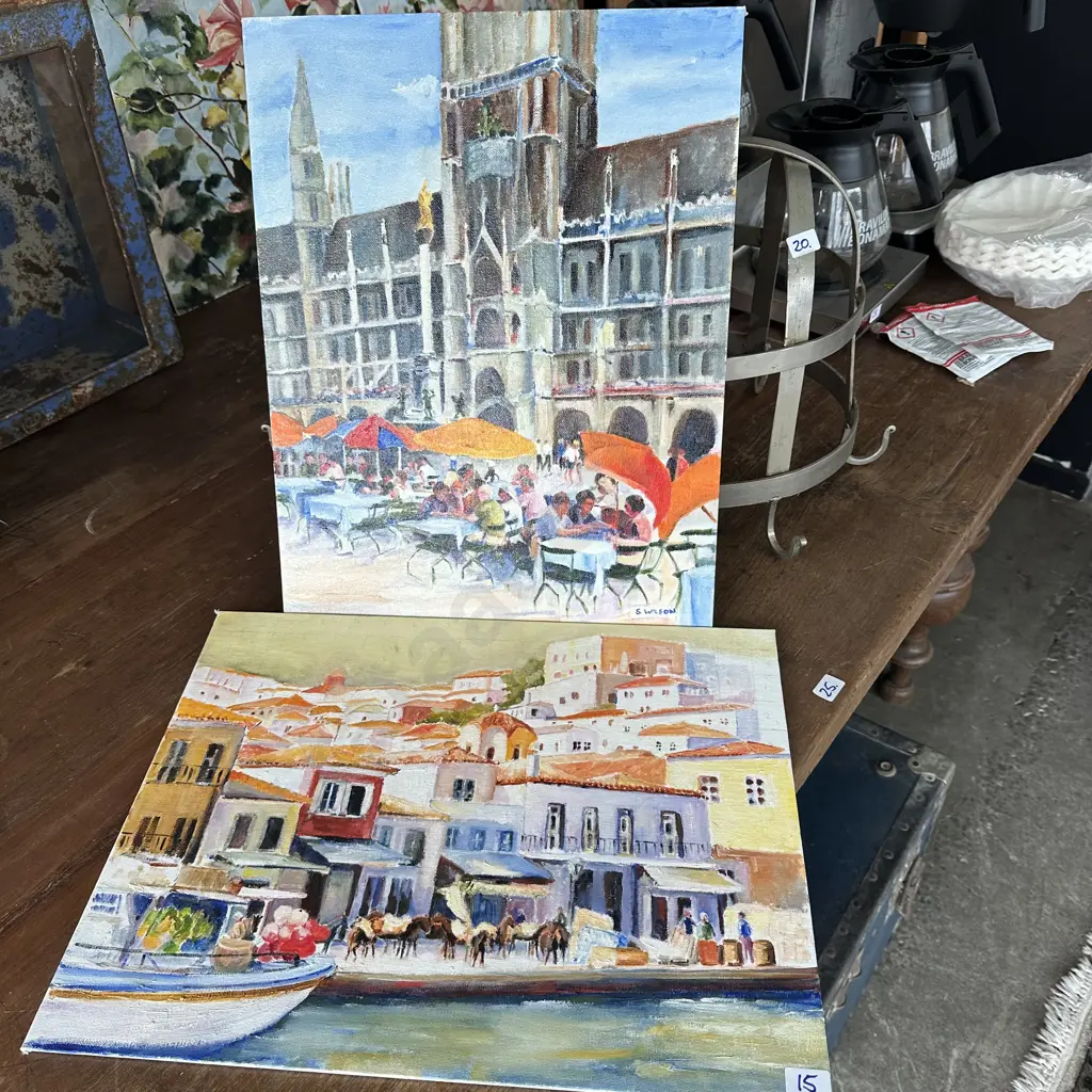 2 x Sue Wilson paintings of Cafe & Mediterranean scenes Image 1++