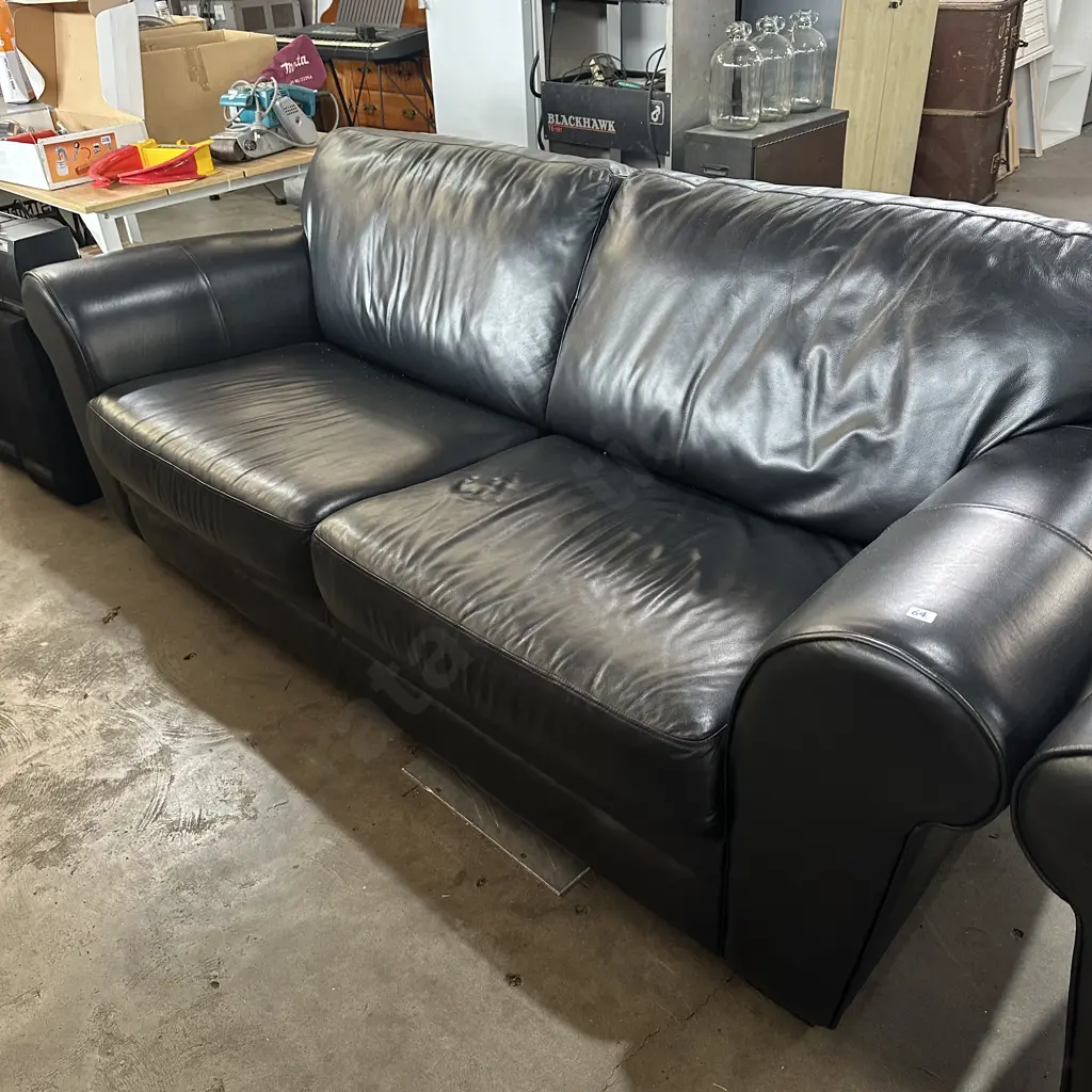 excellent condition Black leather rolled arm 3 seater sofa Image 1++