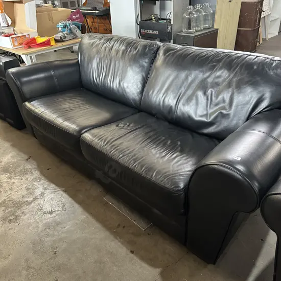 excellent condition Black leather rolled arm 3 seater sofa