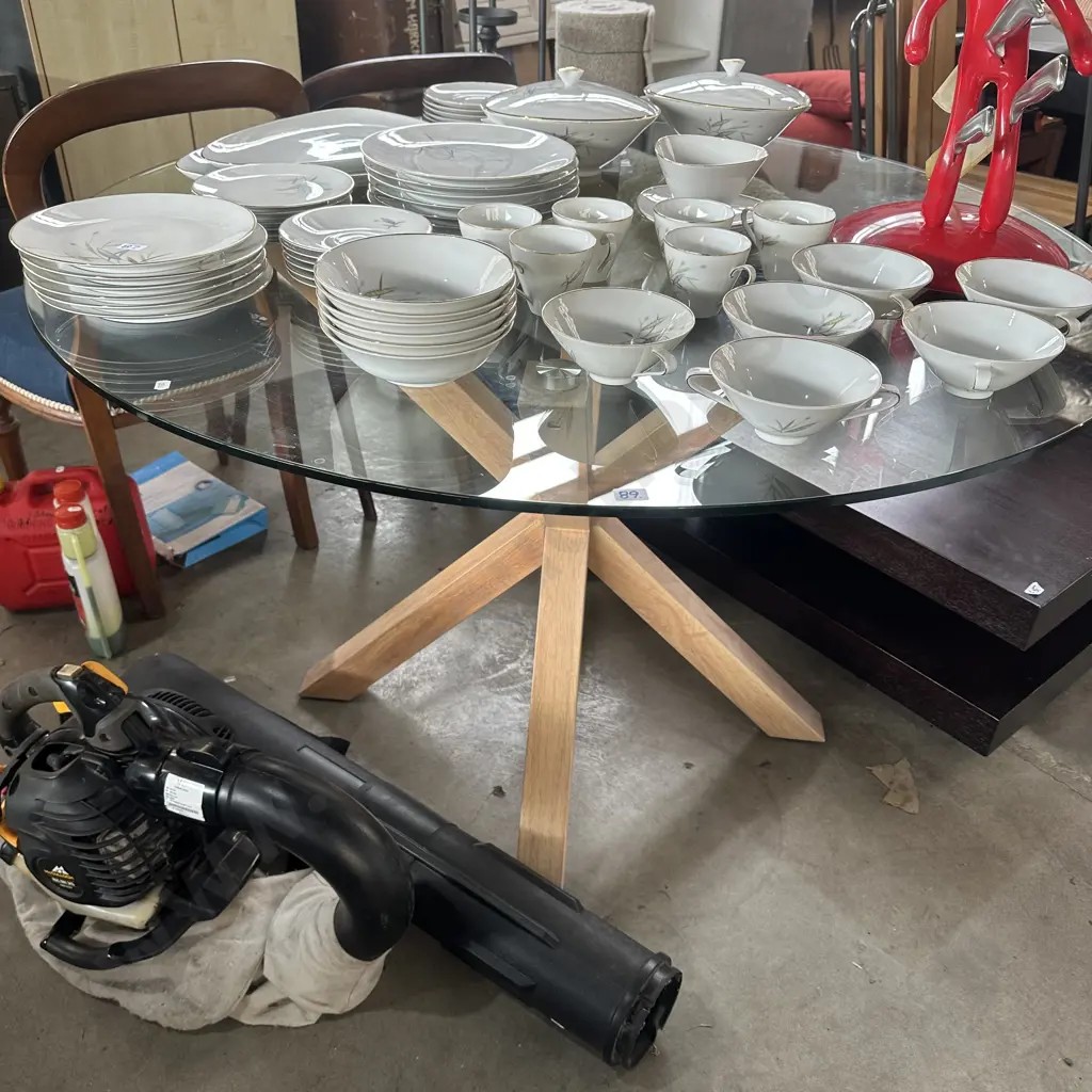 Oak pedestal glass top table Image 1++