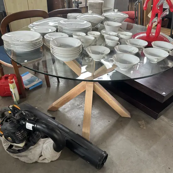 Oak pedestal glass top table