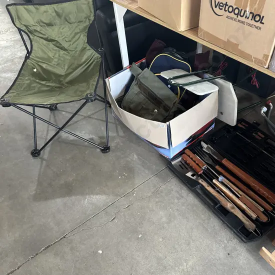 bbq tools, bags, 2 chairs