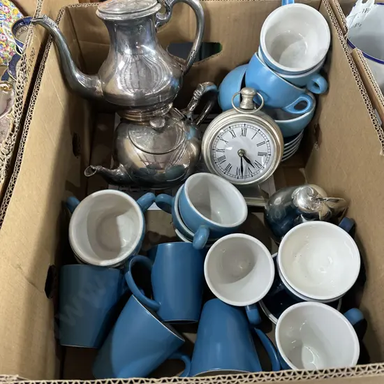 coffee cups, silverware, clock etc