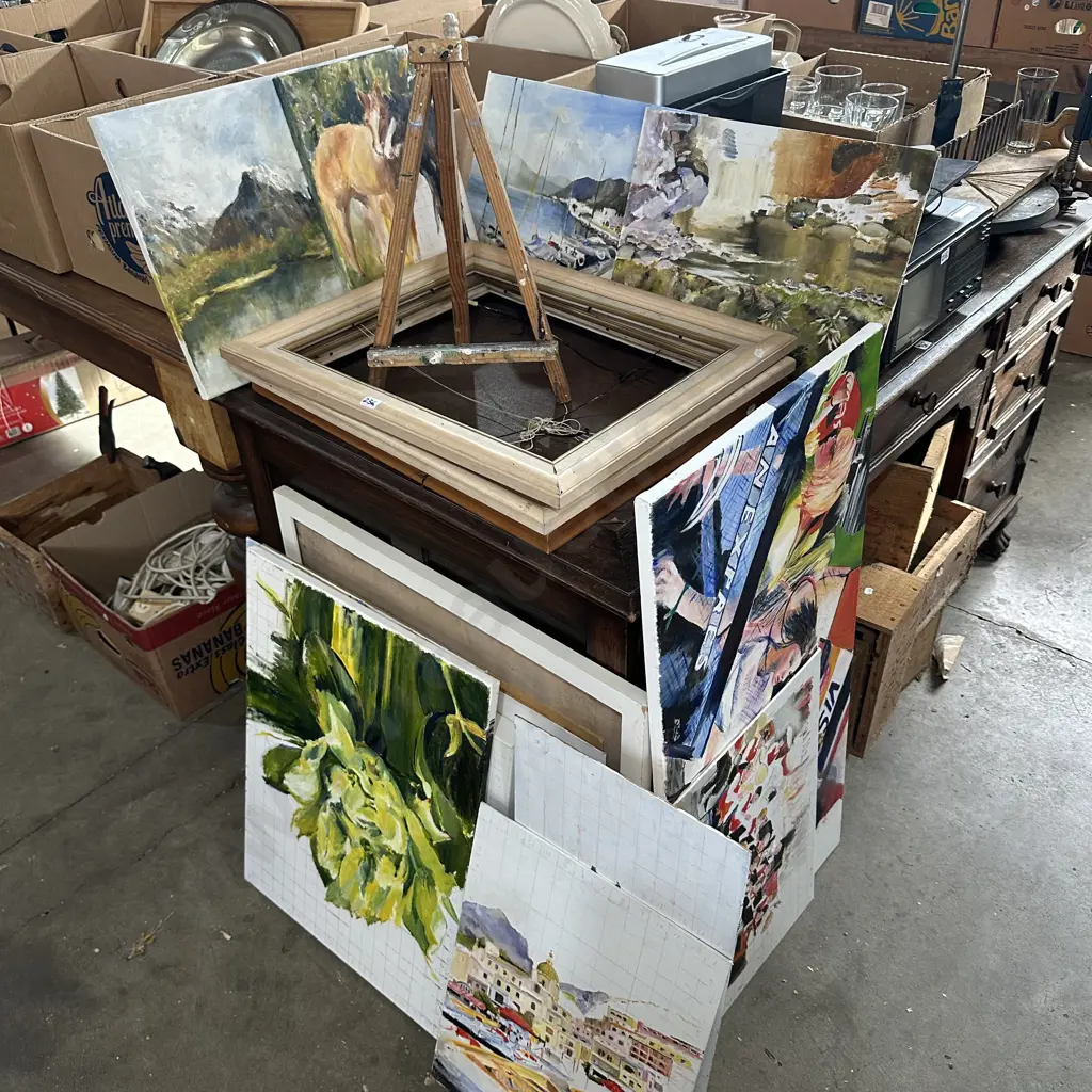 unfinished Sue Wilson paintings, frames stand etc Image 1++
