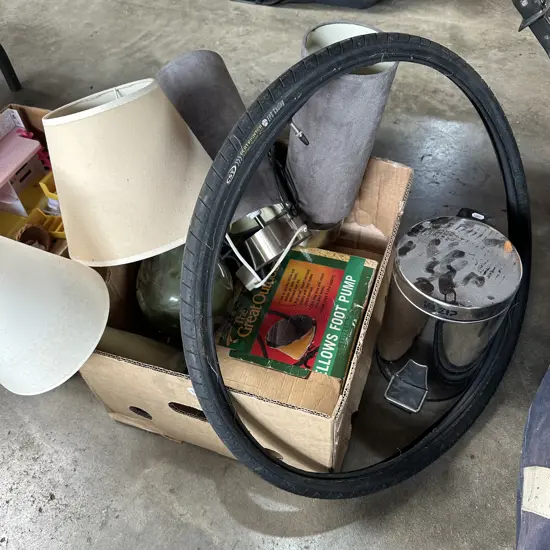 bellows, bike tyre, lamps, bin