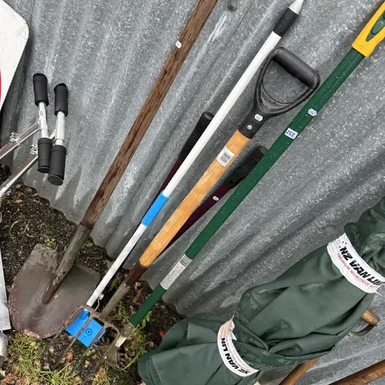 Shovel, fork, mop, edges.