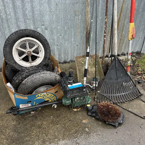 wheels, garden tools, pump and hedgehog