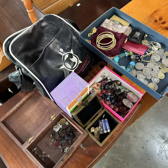 Jewellery boxes and costume jewellery plus bag etc.