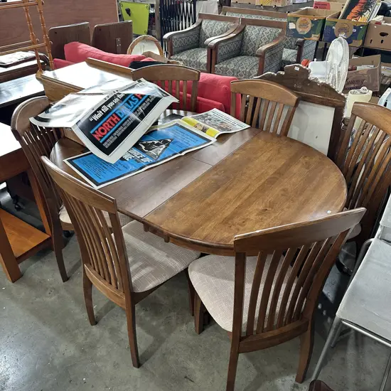 Extension dining table and six chairs.