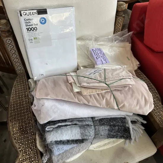 bedding and blankets (inc new set) plus Irish linen Damask table set