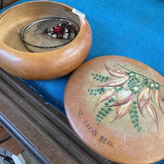 Kaka Beak pokerwork trinket box and contents
