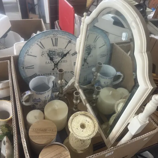 Bevelled swing mirror, scented candles and clock etc.