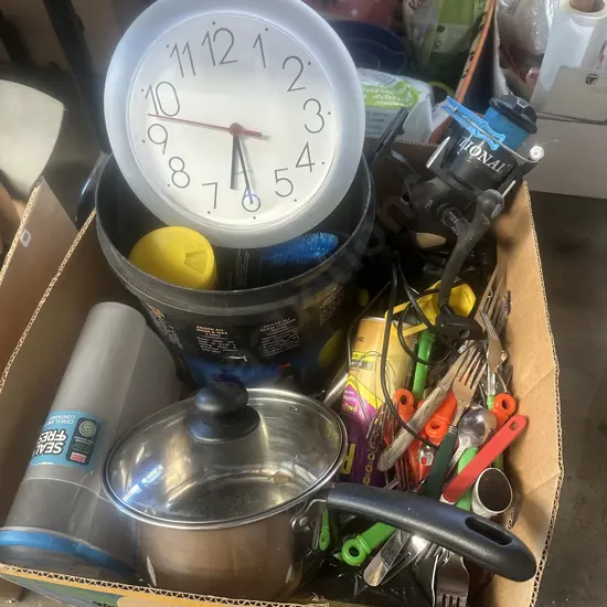 Lidded pot, clock, cutlery, fishing reel etc.