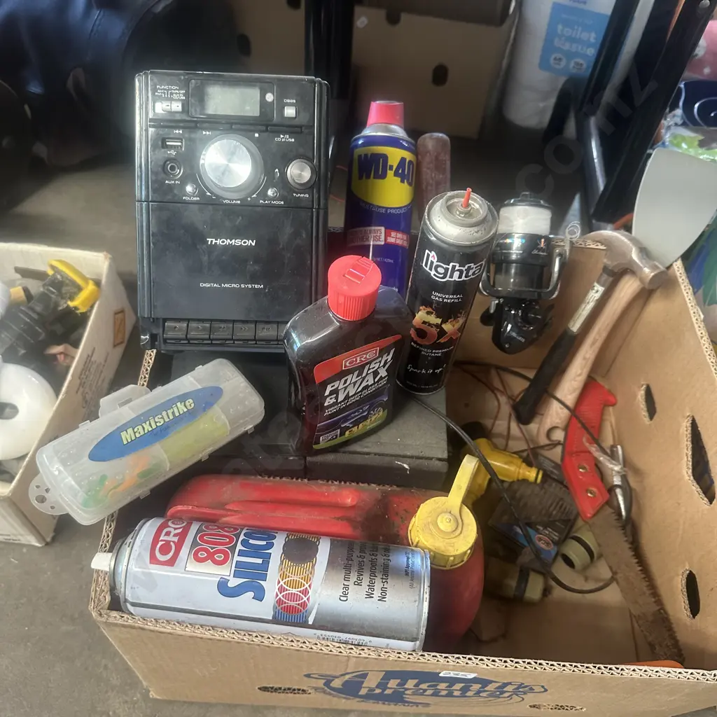 Stereo, petrol can, fishing reel and hooks, tools and CRC etc. Image 1++