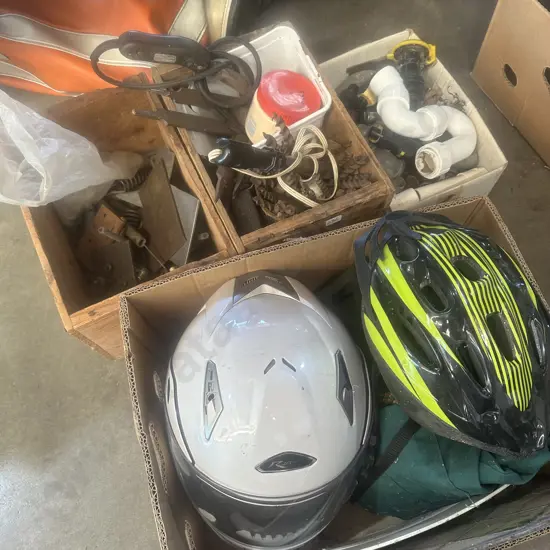 Bay lot of nail boxes, tools, helmets etc.