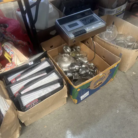 Silverware, five large Agee jar and two small plus tape deck with faults.
