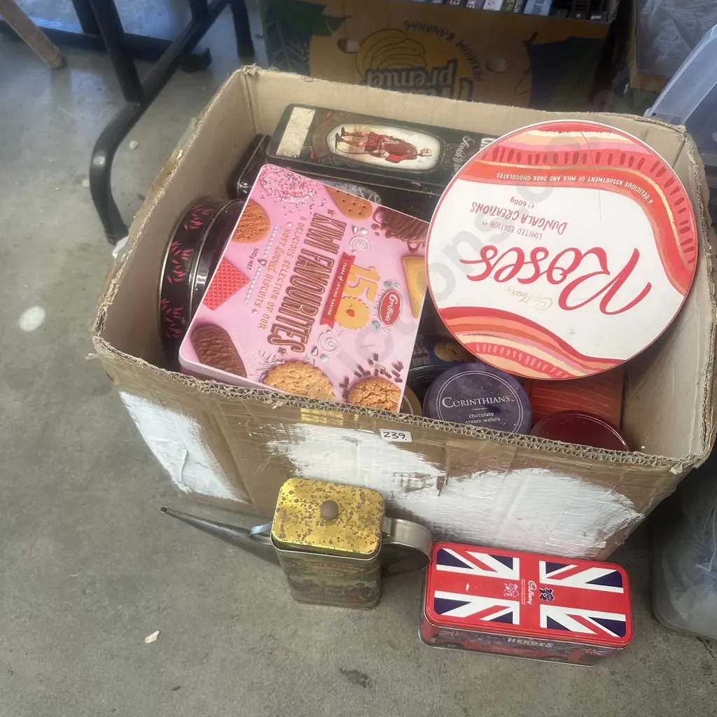 Box of assorted novelty tins. Image 1++