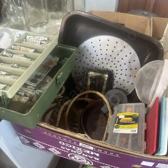 Hobby box with paints, pottery and roasting dish.