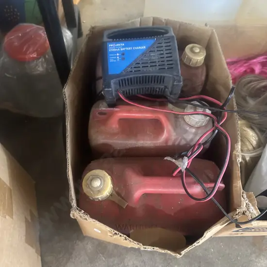 Three petrol containers and battery charger. (2 photos) plus step