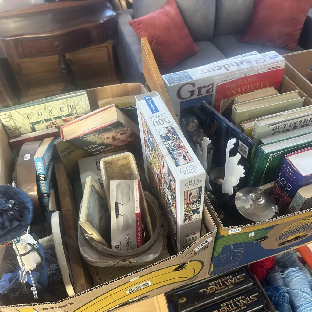 2 boxes jigsaws, books, mirror, silverware etc Image 1++