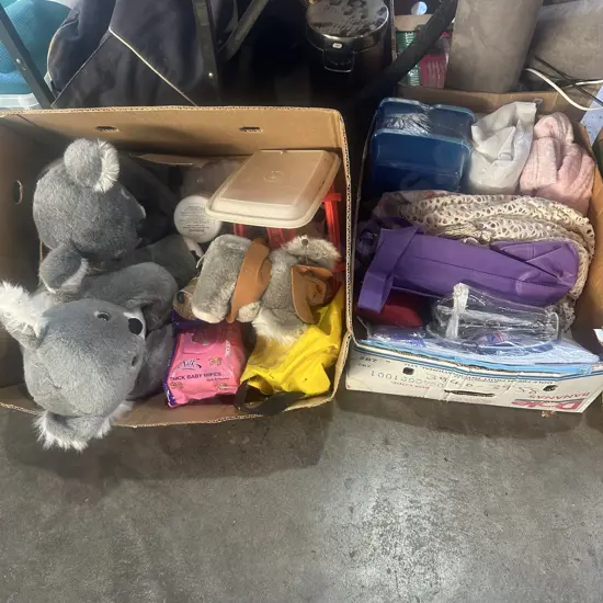 2 boxes soft toys etc