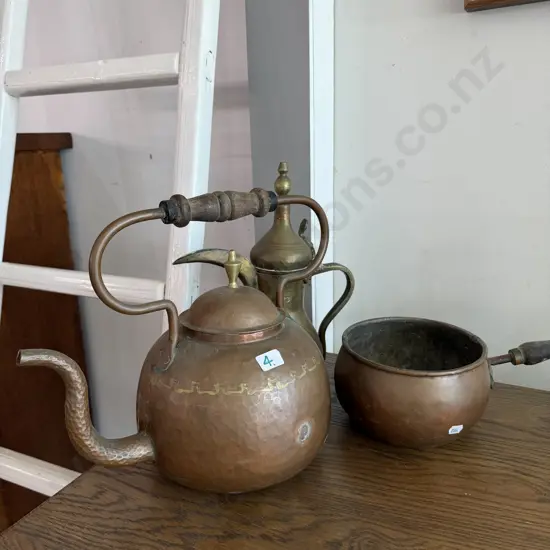 BERCZI copper teapot & pan plus brass coffee pot