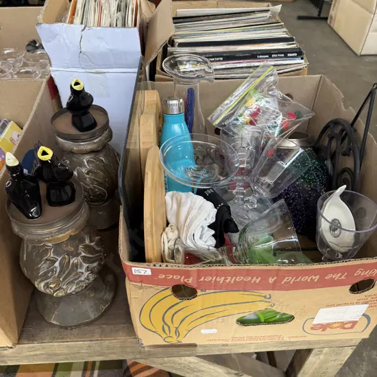 Box lot assorted plus pair candle stands.