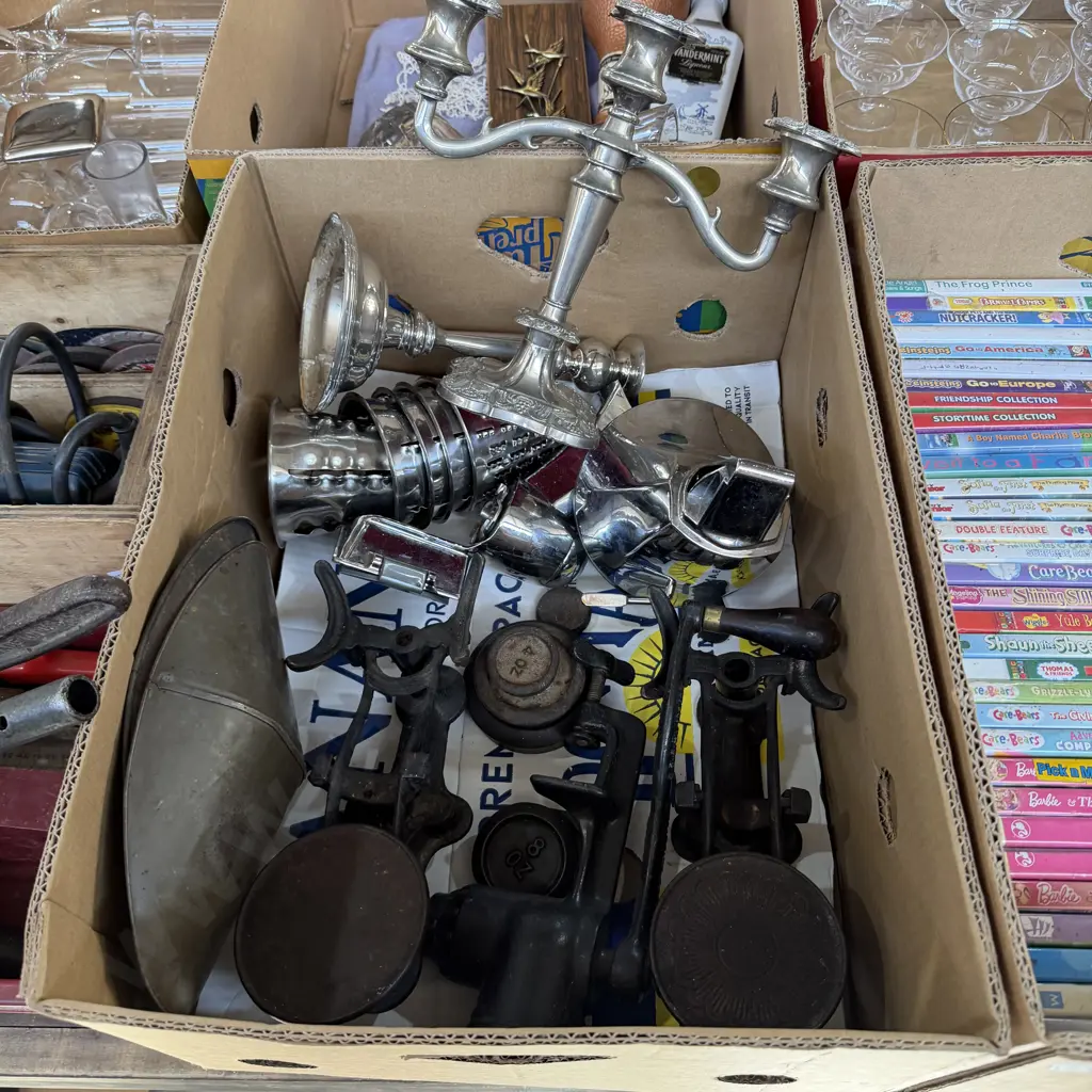Two boxes silverware, scales, childrens DVDs. Image 1++