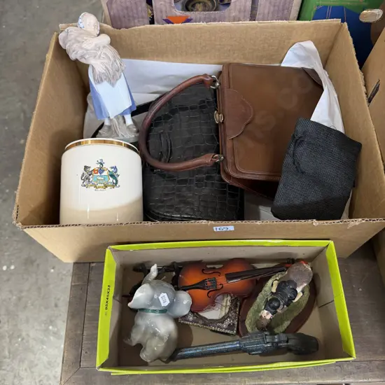 Two boxes handbags, ornaments etc.