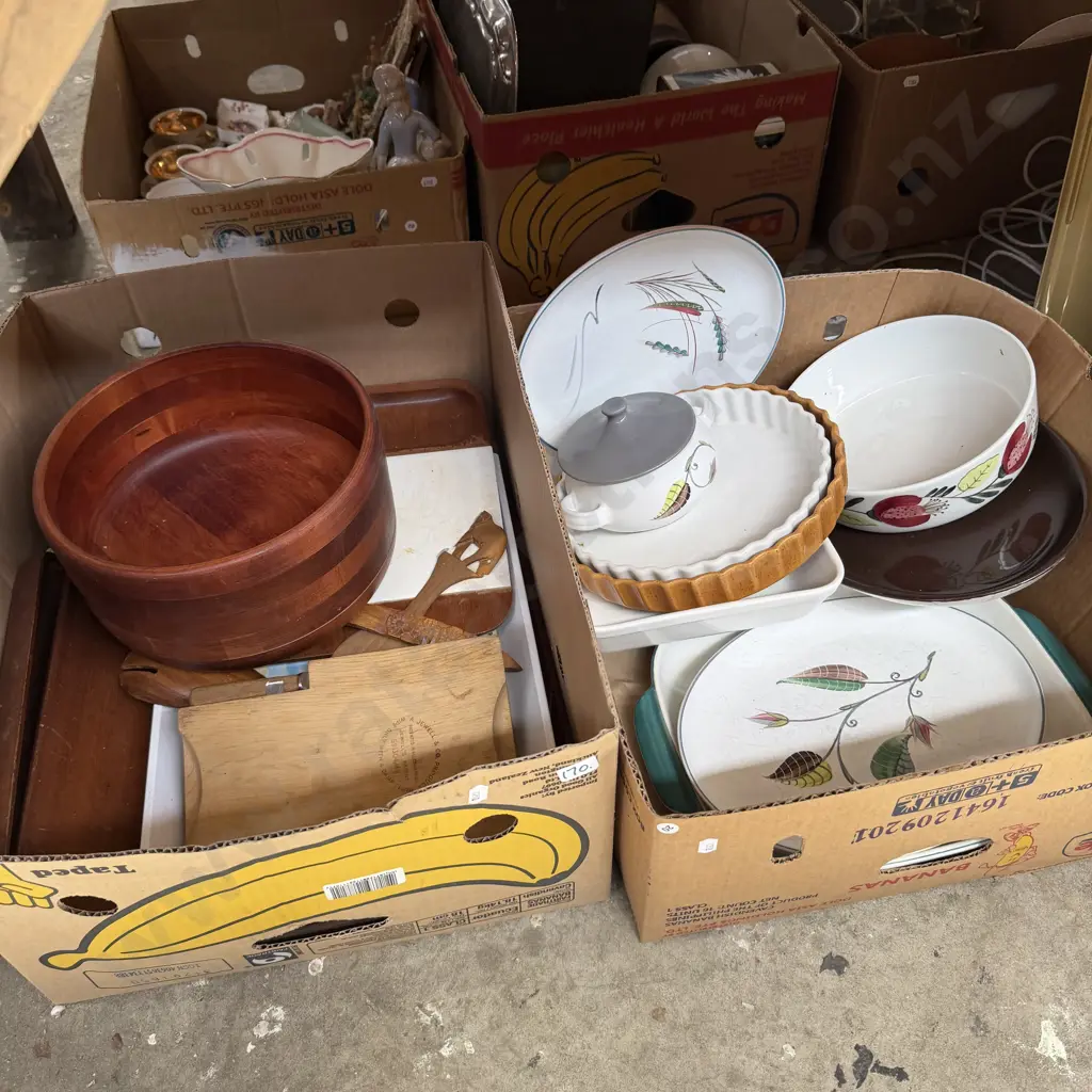 Two boxes wooden bowl and Denby stoneware etc. Image 1++