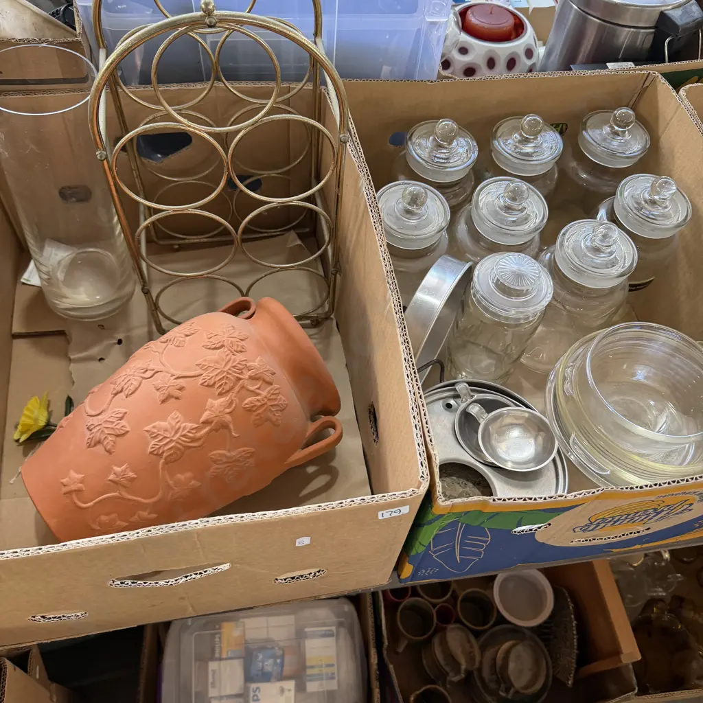 Two boxes canisters, terracotta vase, wine rack etc. Image 1++