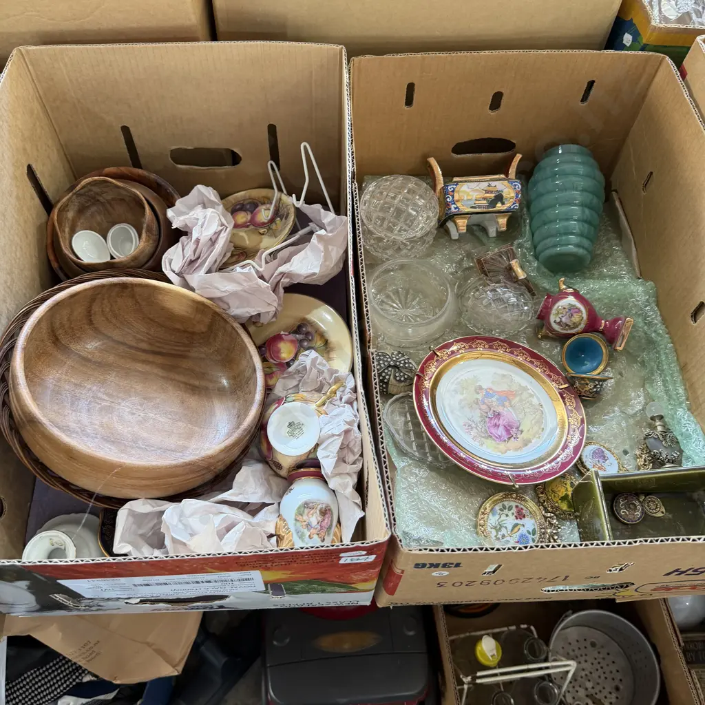 Two boxes wooden bowls and collectables. Image 1++