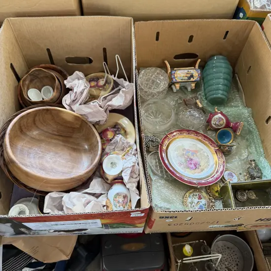 Two boxes wooden bowls and collectables.