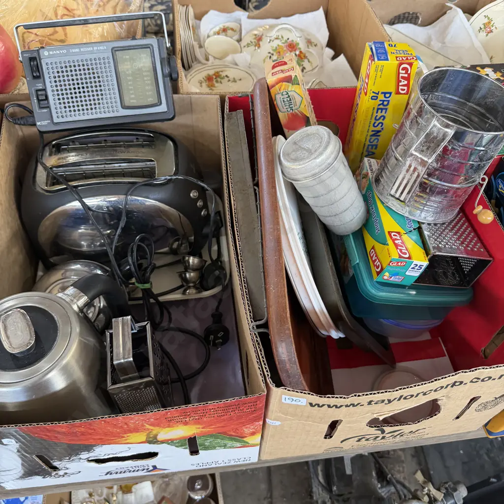 Two boxes toaster, jug, radio, trays etc. Image 1++
