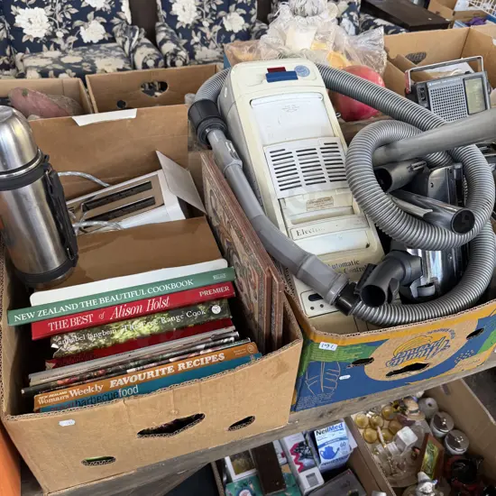 Two boxes vacuum cleaner, books, boxed toaster etc.