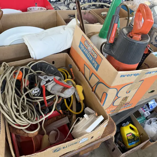Two boxes Extension leads with RCD. sprayers, walking stick etc.