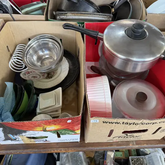Two boxes lidded pots and mixing bowls etc.