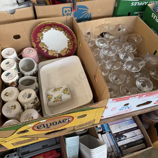 Two boxes glassware and servers etc.